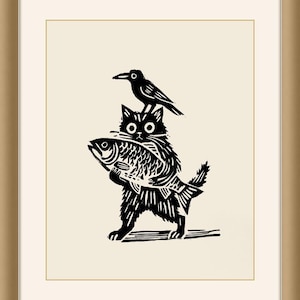 Black and White Linocut Art Print, Cat, Fish and Crow,280gsm Cream Paper