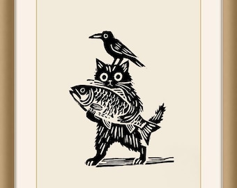 Black and White Linocut Art Print, Cat, Fish and Crow,280gsm Cream Paper