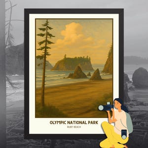 Könnte beinhalten: Gerahmter Druck des Olympic National Park, Ruby Beach. Das Kunstwerk zeigt eine Küstenlandschaft mit Strand, Meer und Felsformationen unter goldenem Himmel. Im Vordergrund ist eine Person mit einer Kamera abgebildet. Der Druck ist in einem schwarzen Rahmen.