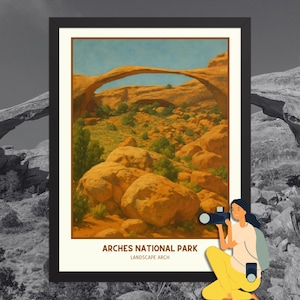 以下が含まれることがあります： アーチーズ国立公園のランドスケープアーチを描いた額入りアートプリント。青い空の下の自然の岩のアーチが描かれており、下部には「Arches National Park Landscape Arch」の文字。黒いフレームに入っています。