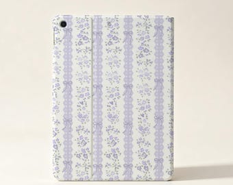 Lavender Floral Lace iPad Case, Coquette Bow Design Tablet Cover, Gift for Her