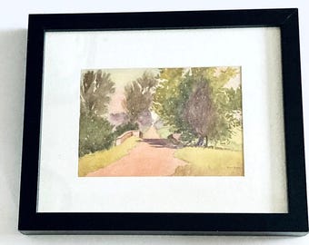 Pintura original de paisaje en acuarela de Algar Herron, arte de camino rural sinuoso, arte mural de naturaleza iluminada por el sol, pintura impresionista enmarcada.