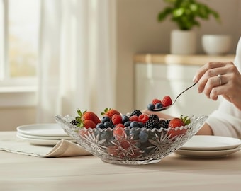 Bol Anchor Hocking con estrella de David, vidrio transparente precortado, década de 1950-1960. Plato para aperitivos.