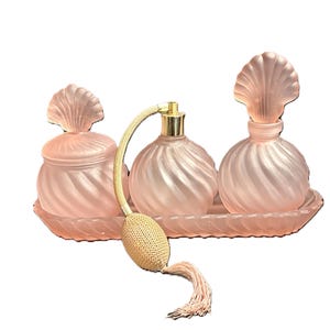 1970s Frosted Pink Glass Vanity Set: Seashell Perfume Atomizer, Powder Jar, Tray