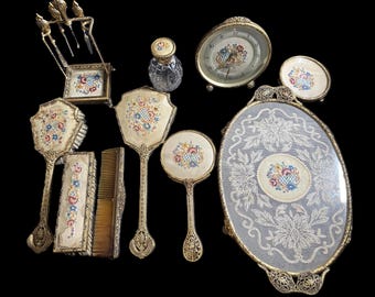 Ornate Vanity Set Floral Petit Point & Gold Filigree, 14 pc set, 1940s