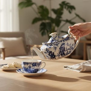 Royal Crown Derby Pagoda Teapot, Blue Willow Oriental Scene, Gold Trim, Made in England, 1920s–1930s Antique Porcelain