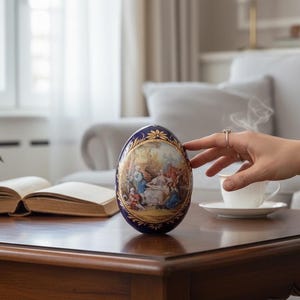 May include: A decorative, oval-shaped egg with a detailed painting on a dark blue background. The egg is on a wooden table, next to a cup of tea and an open book. A hand is touching the egg.