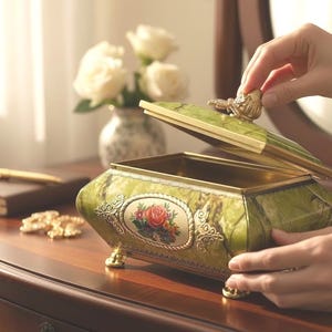 May include: A decorative green jewelry box with a floral design and gold accents. The box is rectangular with curved sides and sits on small gold feet. A hand is opening the lid, revealing the interior.