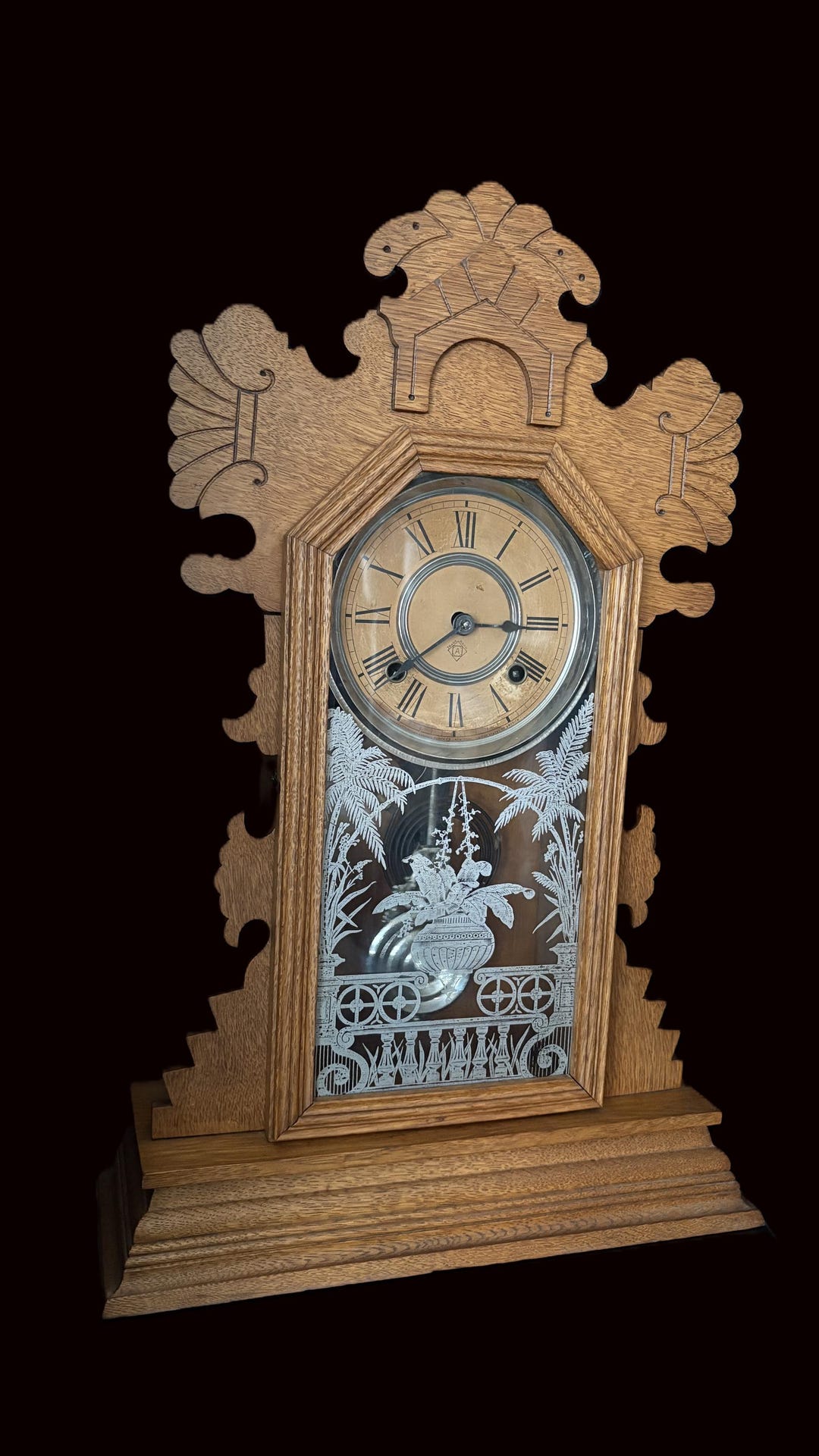 Ansonia Gingerbread Mantel Clock – Etched Glass, Original Key
