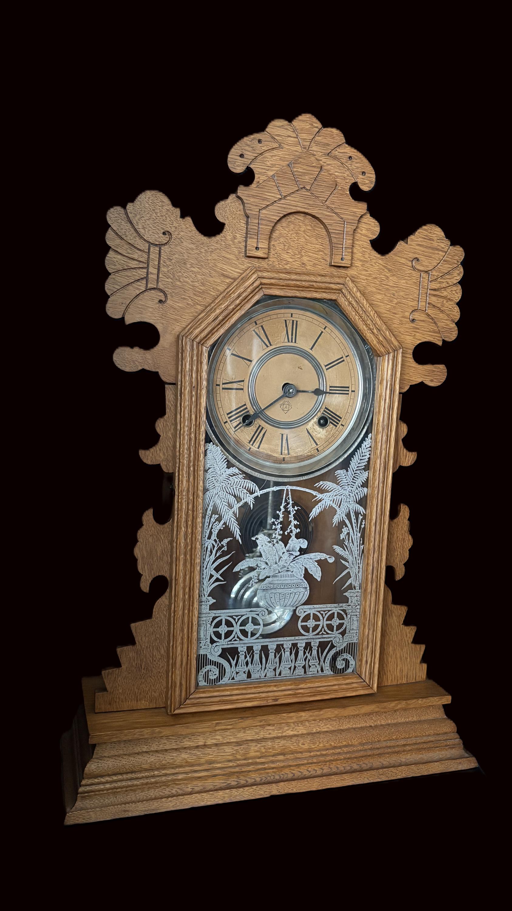 Ansonia Gingerbread Mantel Clock – Etched Glass, Original Key