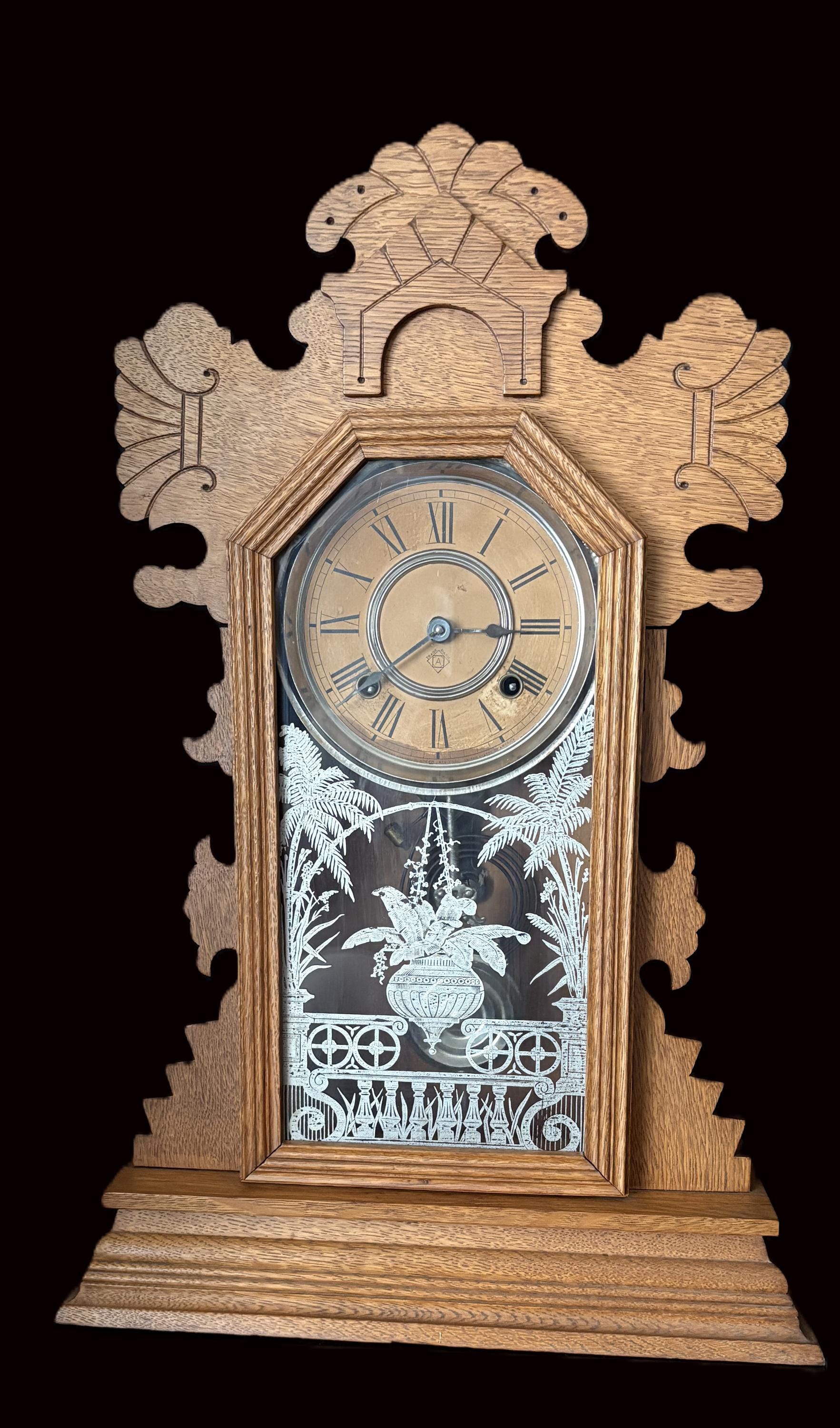 Ansonia Gingerbread Mantel Clock – Etched Glass, Original Key