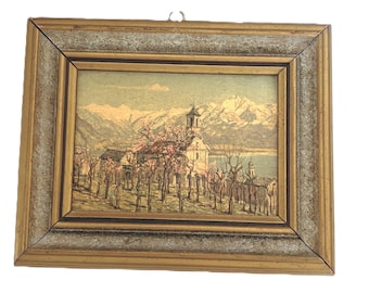 Ernst Zuppinger Swiss Church Landscape – Lake & Mountain View, Gouache on Board, c. 1930s