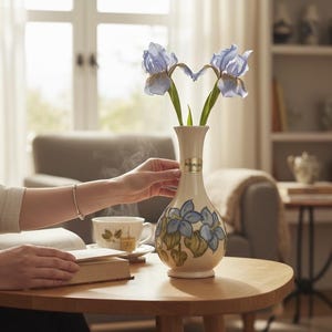 May include: A cream-coloured ceramic vase with a narrow neck and a rounded base, featuring a hand-painted design of blue iris flowers and green leaves. Two light blue iris flowers are arranged inside the vase, which has a small gold label.