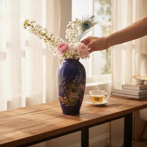 Jarrón japonés de mediados de siglo con diseño de pavo real, porcelana azul cobalto, década de 1960, Japón.