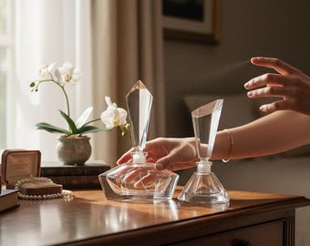 ミッドセンチュリー クリスタル香水瓶 ペア、重厚なカットガラス製化粧台装飾品、1950年代