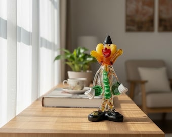 Vintage Murano-Glas-Clownfigur mit Originalaufkleber, mundgeblasene italienische Zirkusfigur aus Kunstglas, Briefbeschwerer aus Konfettiglas aus den 1960er Jahren
