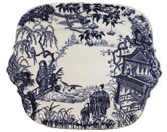 Royal Crown Derby “Mikado” Blue & White Square Platter – 1987 England Bone China, 11 × 9.5 in