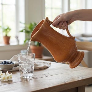 Puede incluir: Una jarra de cerámica marrón vierte agua en un vaso transparente. La jarra tiene un asa y un diseño decorativo. El vaso está sobre una mesa de madera, con un cuenco de arándanos y flores cerca. La escena está ambientada en una habitación bien iluminada.