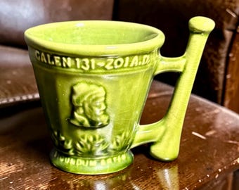 Galen Mortar & Pestle • Mid‑Century Pharmacy Decor • Green Ceramic Apothecary Cup • Sheeping Pottery • Medical History Collectible