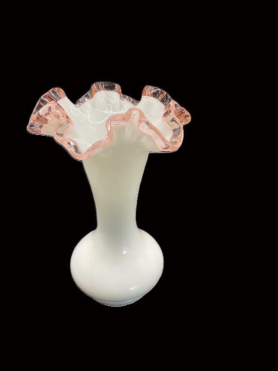 Vintage Fenton Pink Crest Milk Glass Vase, Ruffled Rim, 8.5 Inch