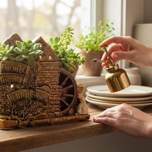 Peut inclure: Un pot de fleurs en céramique marron en forme de vieux moulin, rempli de plantes succulentes. Le pot de fleurs porte l'inscription "Down by the old Mill Stream". Une personne tient un petit brumisateur doré.