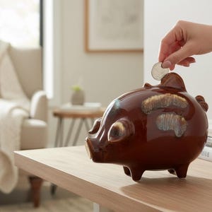 May include: A brown ceramic piggy bank with a glossy finish. A hand is dropping a coin into the slot. The piggy bank has a unique design with lighter brown and tan accents. A succulent plant in a white pot is visible.