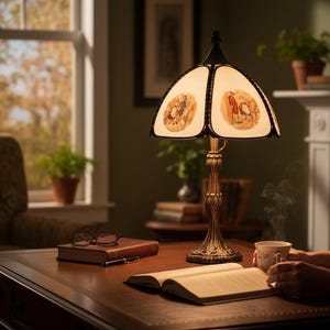Vintage Reverse‑Painted Glass Lamp, Victorian Revival Cries of London, 1970s