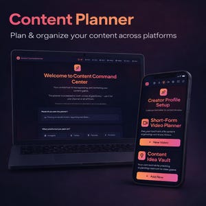 Pode incluir: Um laptop e um smartphone exibindo uma interface de planejador de conteúdo. A tela do laptop mostra "Welcome to Content Command Center". O telefone apresenta opções para configuração de perfil de criador, planejamento de vídeo e cofre de ideias de conteúdo. O fundo é roxo escuro.