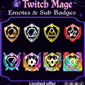 May include: Promotional graphic for Twitch Mage, featuring emotes and sub badges. The image showcases eight shield-shaped badges in various colors, each with unique geometric designs. Text includes "Twitch Mage" and "Emotes & Sub Badges", with a "Limited offer" callout.