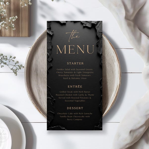 Modèle de carte de menu moderne noir et or modifiable
