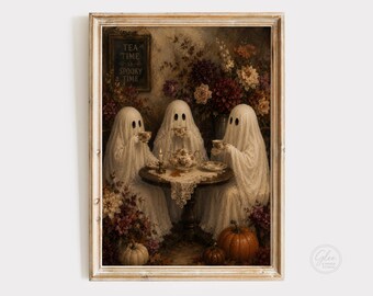 Ghost Tea Party Wall Art Print, Cottagecore Halloween Decor, Vintage Ghost Artwork, Autumn Printable Wall Art