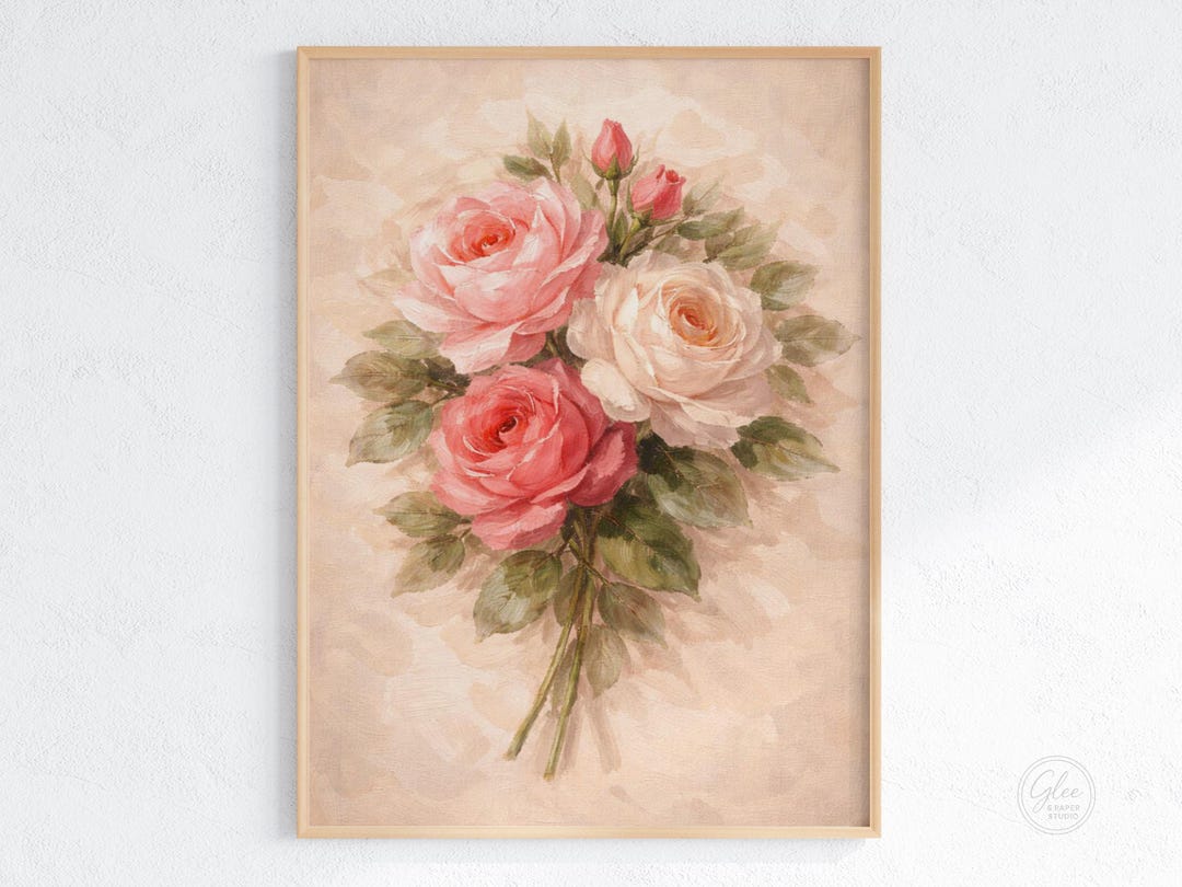 Vintage Rose Bouquet Art Print, Cottage Floral Illustration (digital ...