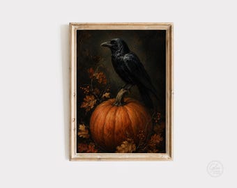 Raven Pumpkin Art Print, Gothic Fall Wall Art, Dark Cottagecore Decor, Halloween Printable