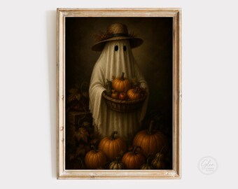 Harvest Ghost Wall Art Print, Cottagecore Halloween Decor, Pumpkin Ghost Artwork, Vintage Autumn Printable