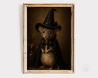 Witch Mouse Portrait Print, Vintage Halloween Wall Art