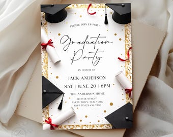 Graduation Party Invitation Template, Editable Black Gold Red Grad Party Invite