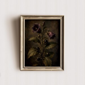 May include: A framed wall art piece featuring a dark, moody botanical illustration of a plant with deep purple bell-shaped flowers and dark green serrated leaves. The artwork is enclosed in a metallic, light-colored rectangular frame.