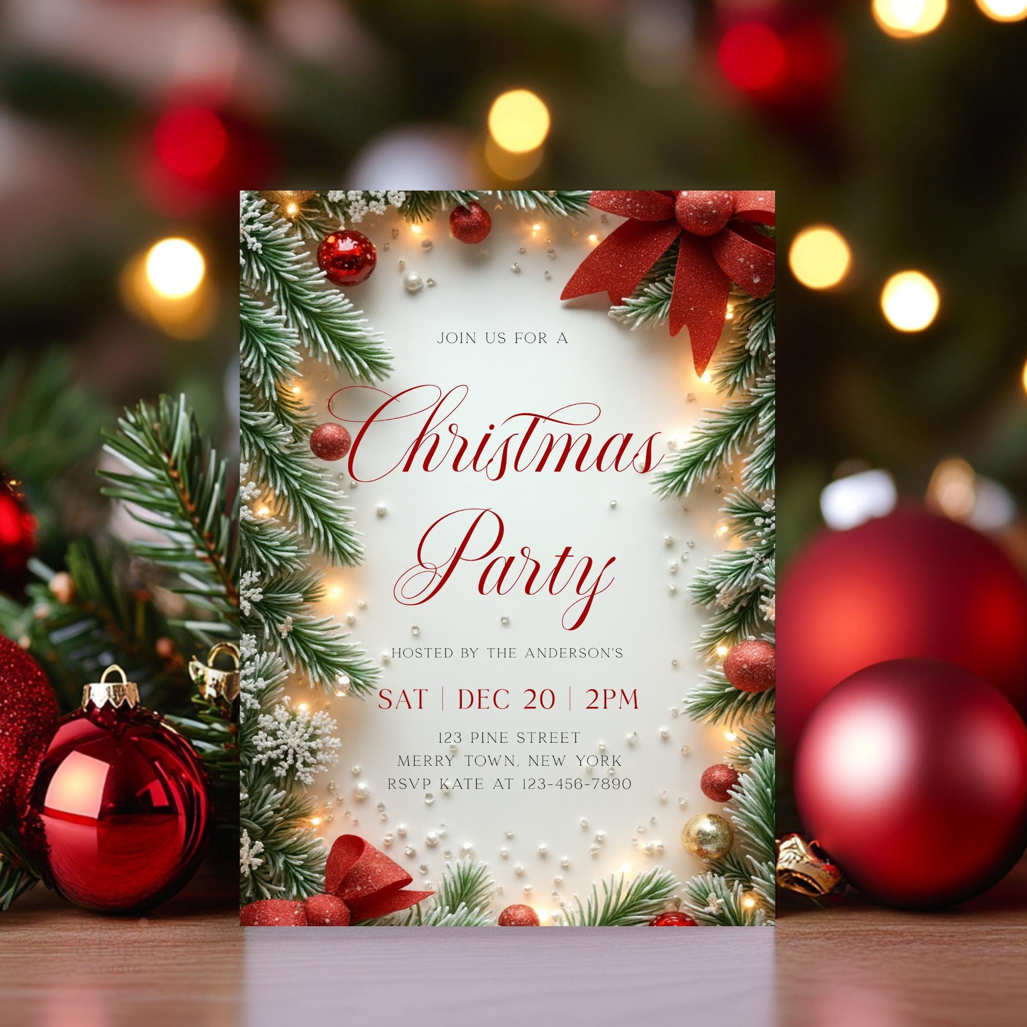 Elegant Christmas Party Invitation: Red Bow, Pine (PDF) - Etsy