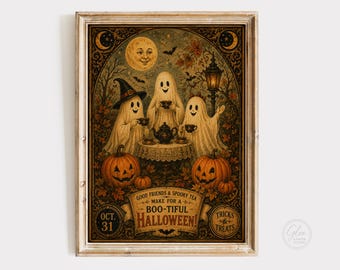 May include: A framed vintage-style poster featuring three ghosts drinking tea at a table with two pumpkins, a moon, and a streetlamp. The text reads: GOOD FRIENDS & SPOOKY TEA MAKE FOR A BOO-TIFUL HALLOWEEN! OCT. 31 TRICKS & TREATS in a decorative border.
