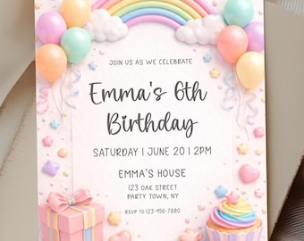 Rainbow Birthday Invitation Template | Editable Pastel Kids Party Invite