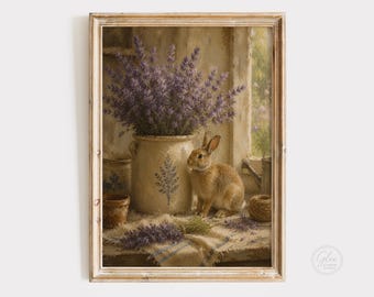 Bunny & Lavender Print, Cottagecore Farmhouse Wall Art