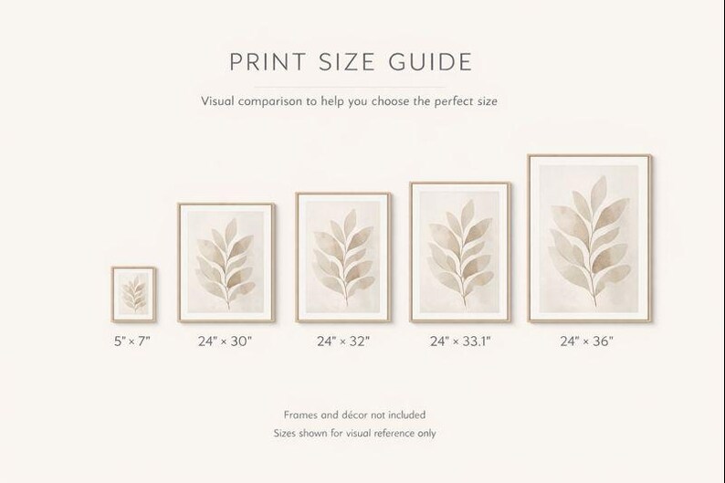 Puede incluir: Gu&iacute;a de tama&ntilde;os de impresi&oacute;n con impresiones art&iacute;sticas bot&aacute;nicas enmarcadas. Los tama&ntilde;os var&iacute;an de 12,7 cm x 17,8 cm a 61 cm x 91,4 cm. Las impresiones muestran un dise&ntilde;o de hojas beige. El texto dice "GU&Iacute;A DE TAMA&Ntilde;O DE IMPRESI&Oacute;N".