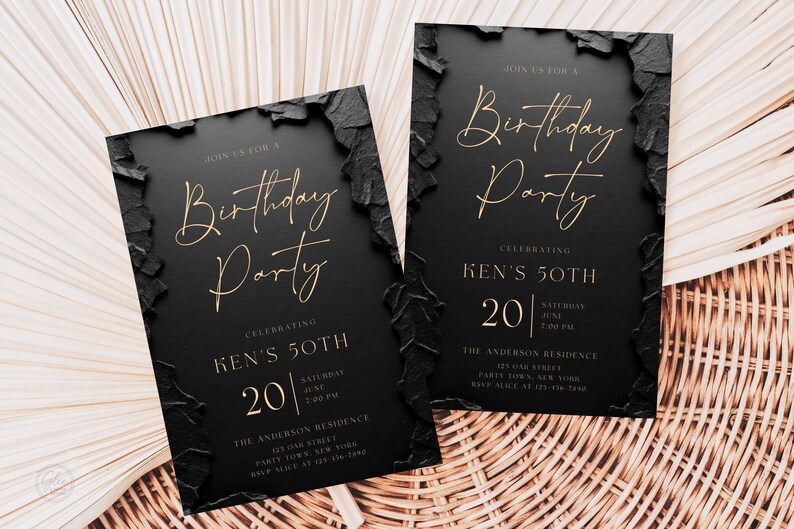 May include: Two rectangular birthday party invitations with a matte black finish and textured, jagged black edges. The text is printed in gold, featuring the words Birthday Party, Celebrating Ken's 50th, Saturday June 20, and address details.