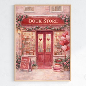 Valentine Bookstore Art Print, Romantic Cozy Bookshop (Digital Download)