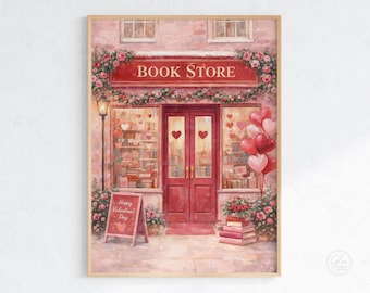 Valentine Bookstore Art Print, Romantic Cozy Bookshop (Digital Download)