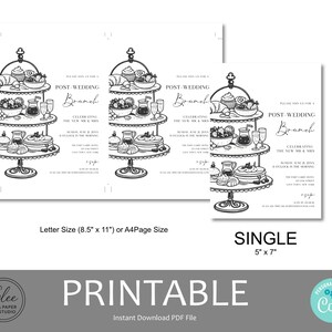 May include: Black and white printable post-wedding brunch invitations. The design features a tiered serving stand with pastries, fruit, and drinks. Text includes "Post-Wedding Brunch" and event details. Available in letter and A4 sizes, and a single 5" x 7" size.