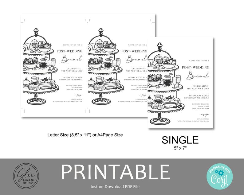 May include: Black and white printable post-wedding brunch invitations. The design features a tiered serving stand with pastries, fruit, and drinks. Text includes "Post-Wedding Brunch" and event details. Available in letter and A4 sizes, and a single 5" x 7" size.