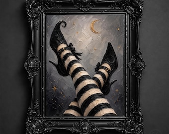 Affiche murale jambes de sorcière pour Halloween | Peinture gothique en impasto | Bas rayés noirs et crème | Décoration imprimable effrayante
