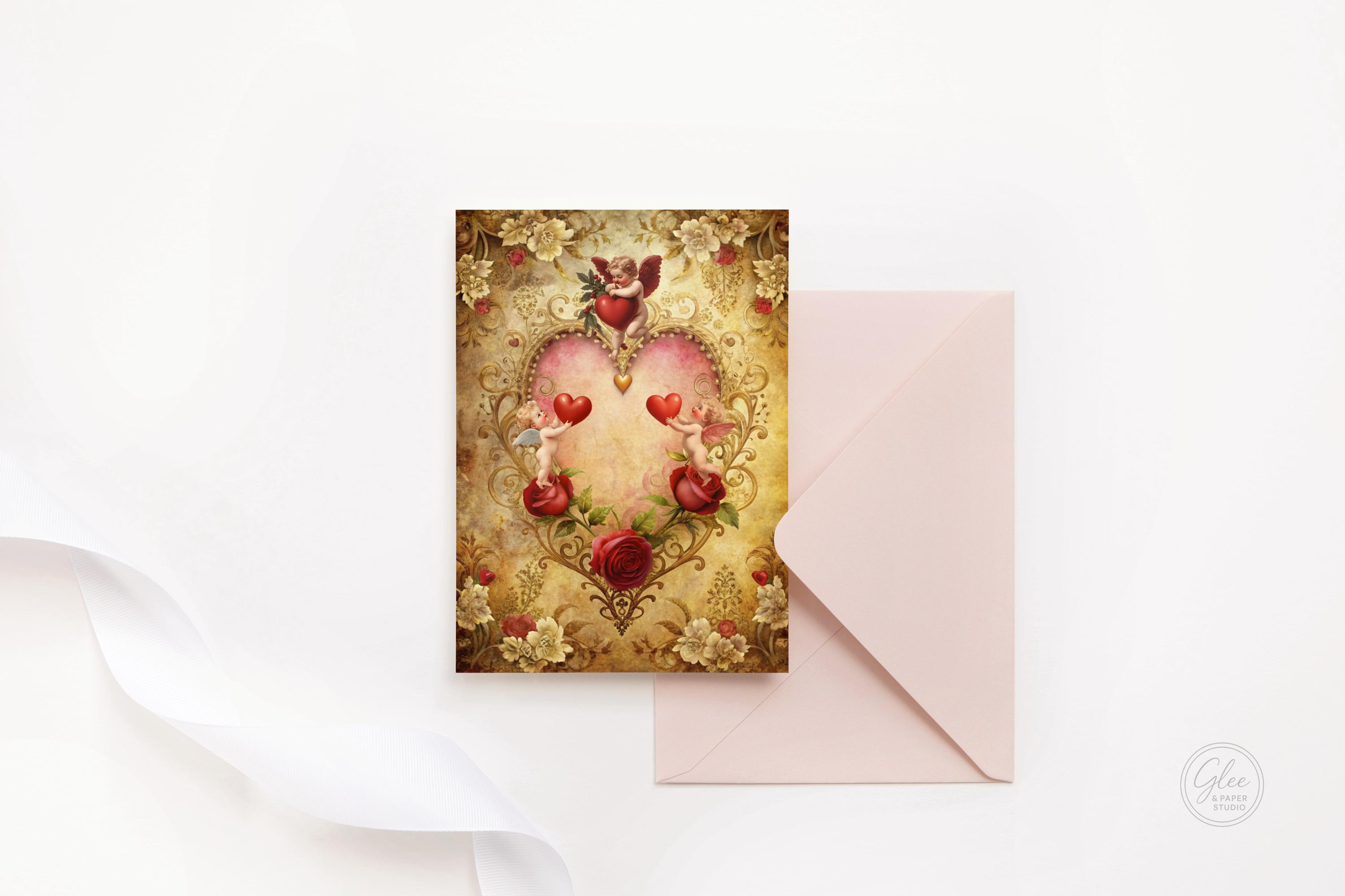 Vintage Cupid Valentine Card | Antique Heart, Roses (instant