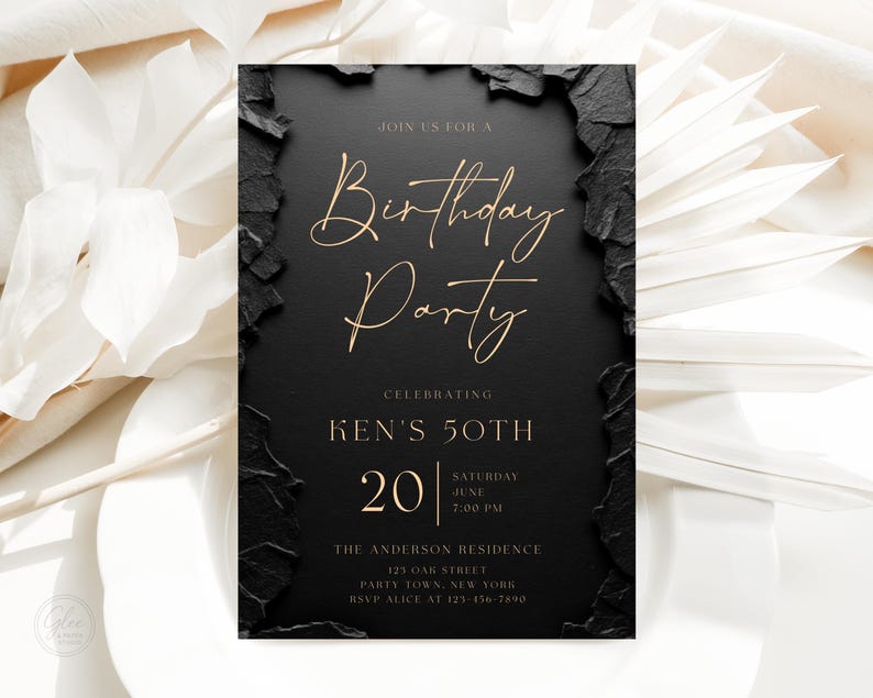 May include: A rectangular birthday party invitation card with a matte black center and textured, jagged black edges. The text is printed in gold, featuring the words "Join us for a Birthday Party," "Celebrating Ken's 50th," and event details.